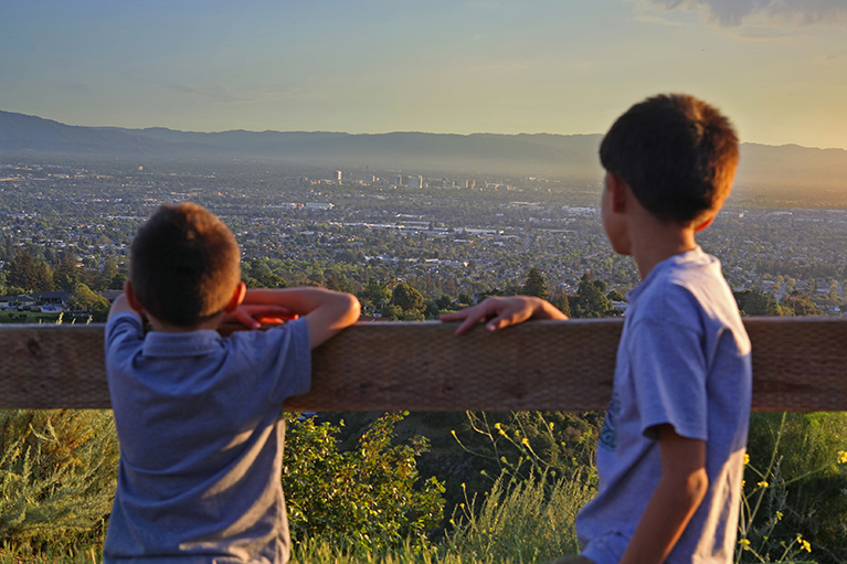 kids on a hiking trail overlooking the valley in Alum Rock Park