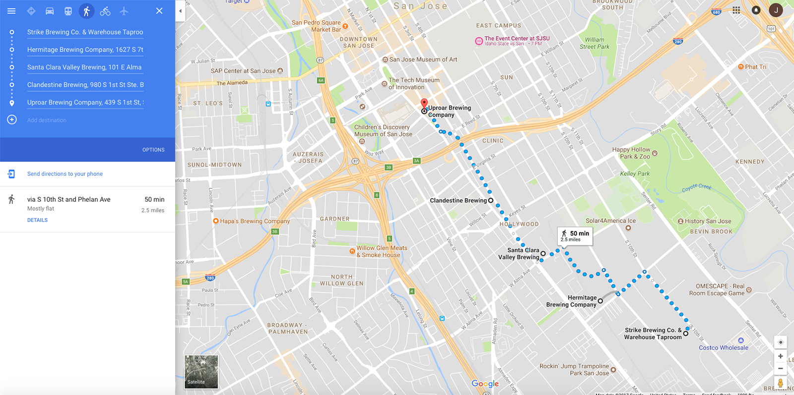 google map of a plotted brew crawl 