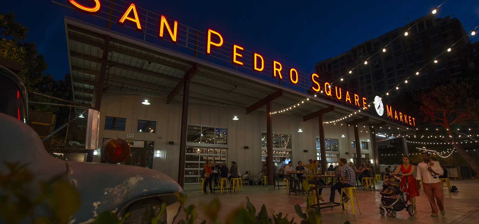 San Pedro Square Market Sign in the evening